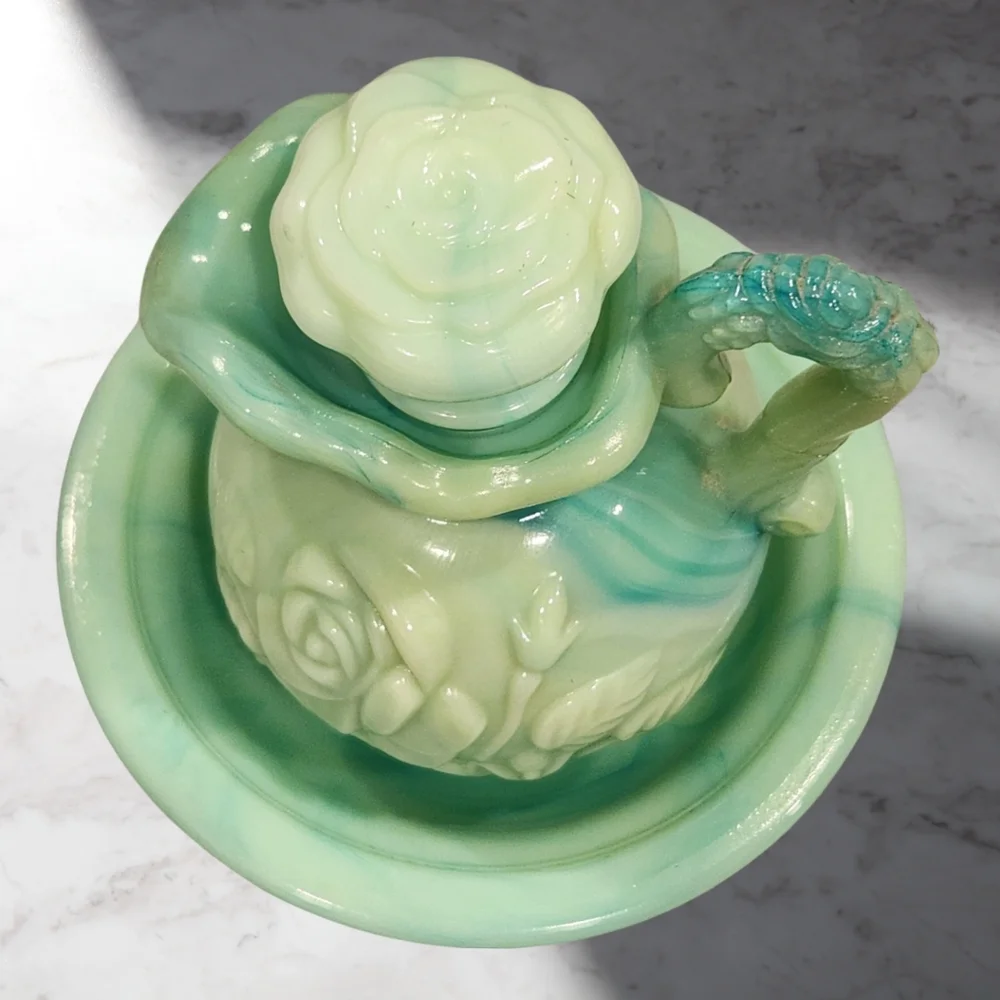 Vintage Avon Jadeite Green Swirl Milk Glass  Pitcher With Stopper and‎ Basin